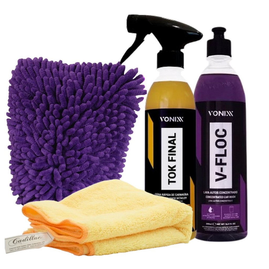 Kit Cera Carnauba Tok Final Spray 500ml + Pano Cadillac + Shampoo V-floc 500ml + Luva de Microfibra