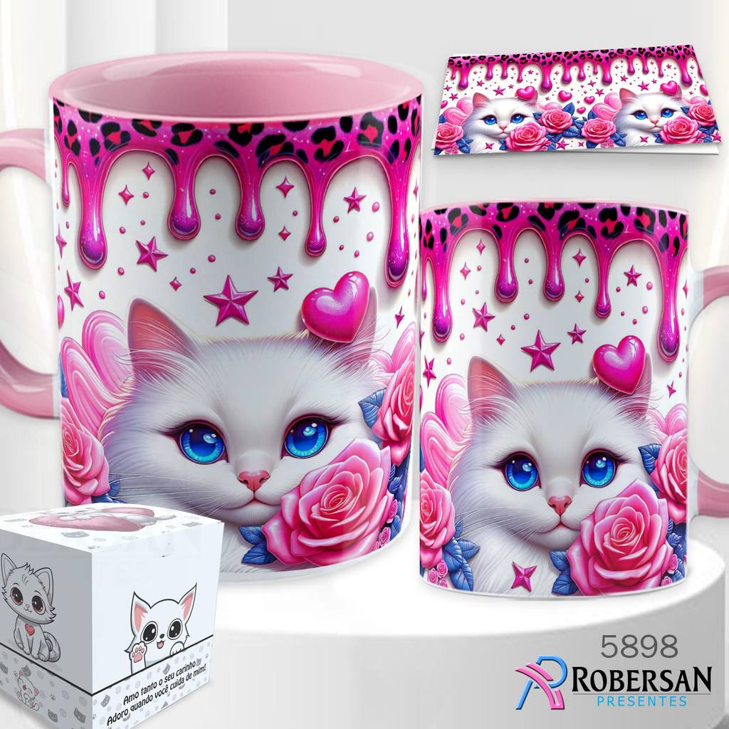 Caneca Gatinho 3D Gatinhos Gato Porcelana Pet Fofo Personalizada Gatos Xícara Ceramica Rosa Preto