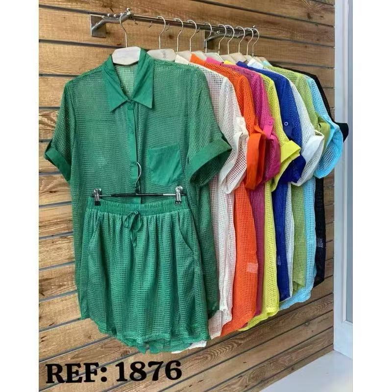 conjunto saida de praia feminina chemise manga curta e shorts com bolso na lateral—1876
