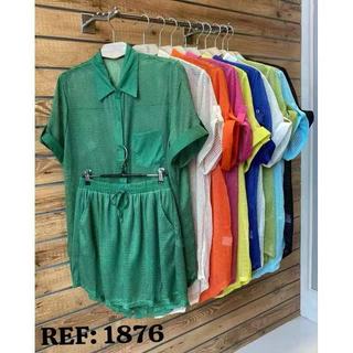 conjunto saida de praia feminina chemise manga curta e shorts com bolso na lateral—1876