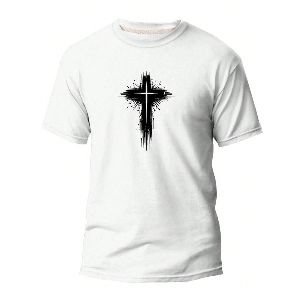Camisa Camiseta Algodão Unissex de Manga Curta Cruz Peito Graphic, Confortável e Estilosa, Casual Moda Cristã 100% T-shi