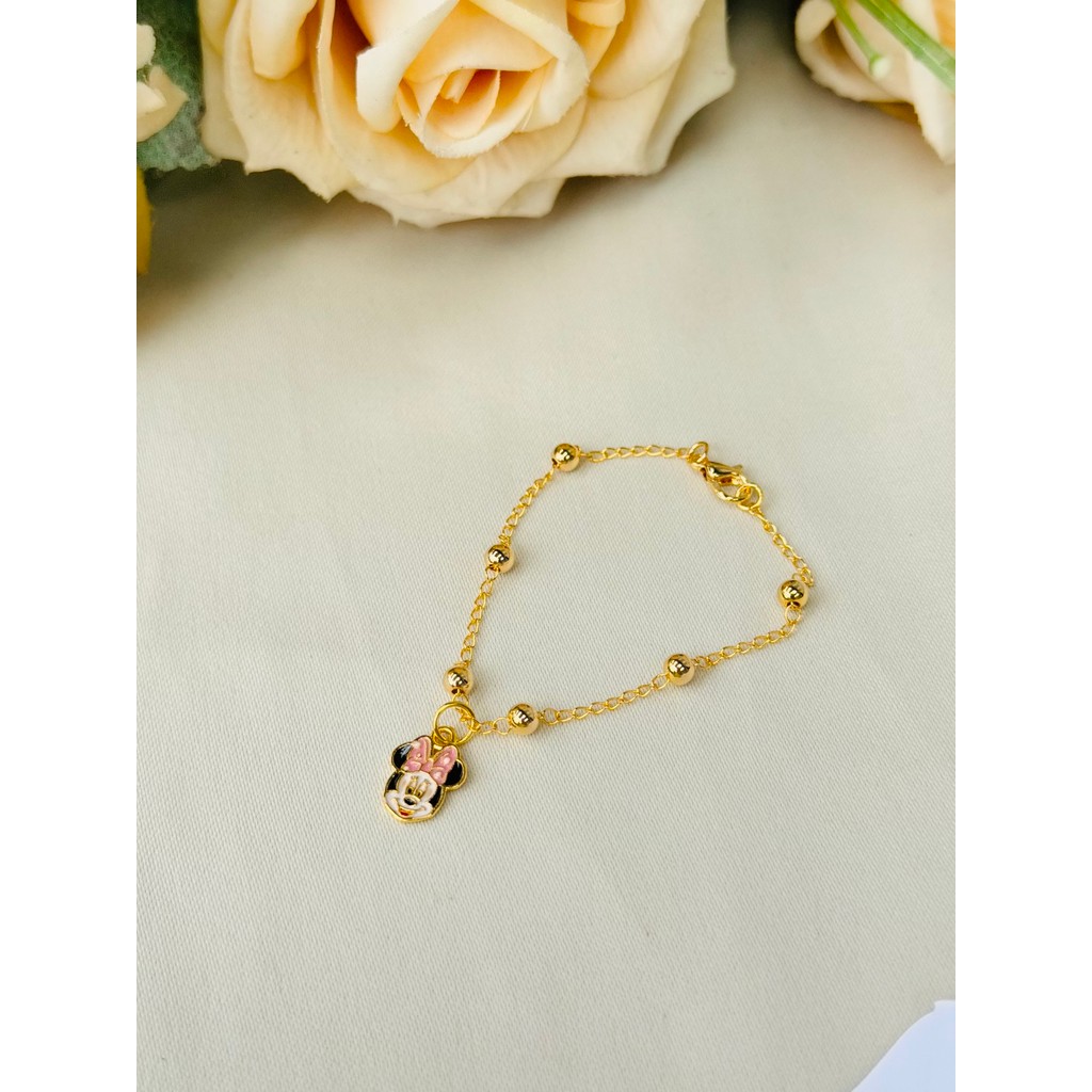 Pulseira Infantil Minnie Rosa Folheado a Ouro 18k