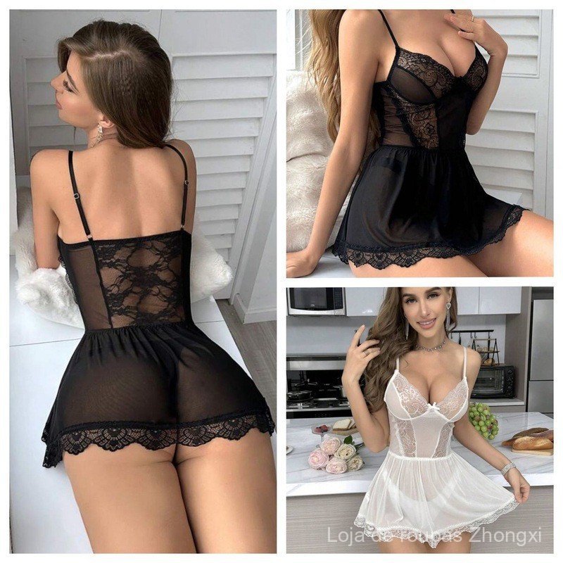 Pijamas Sexy Femininos Novo Estilo Tentação Transparente Tamanho Grande Alça Renda Saia Longa Camisola Sexy Lin 0ODF