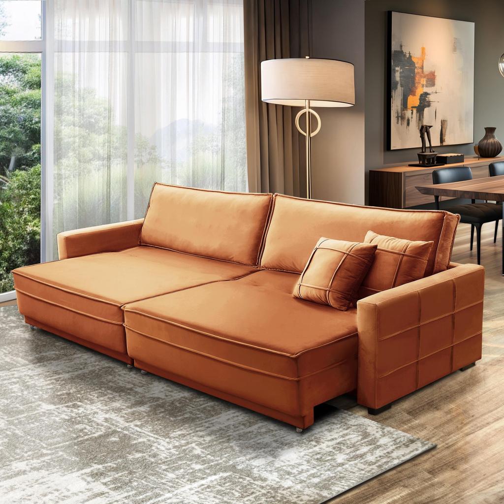 Sofá Cama Retrátil e Reclinável 2,30m com Molas Karen Veludo Terracota Adonai Estofados em Oferta na Shopee