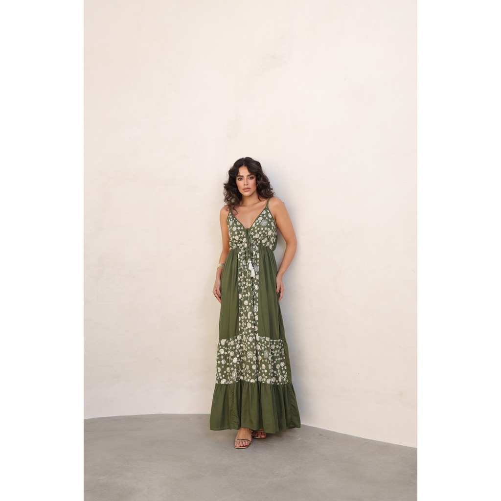 Vestido Longo Costa Nua Crepe Estampado Alças Finas PLK-8049