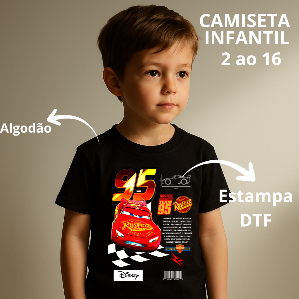 Camiseta Infantil Criança Menino Relâmpago Carros Cars 95 Ready Filme Tendência Estampada Minimalista 100% Algodão