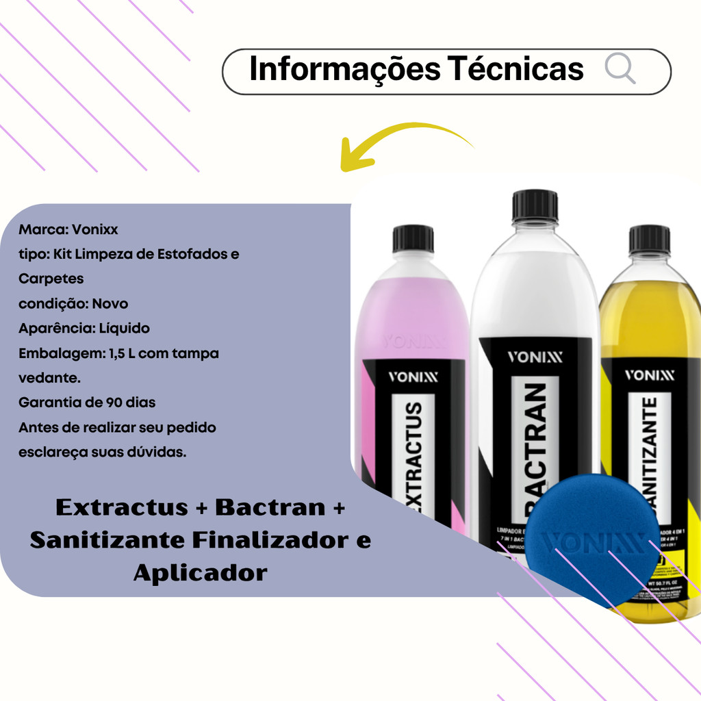 Kit VSC Vonixx Limpeza Veicular Automotivo de Estofados e Carpets 1,5L Extractus Bactran Sanitizante — imagem 2 de 2