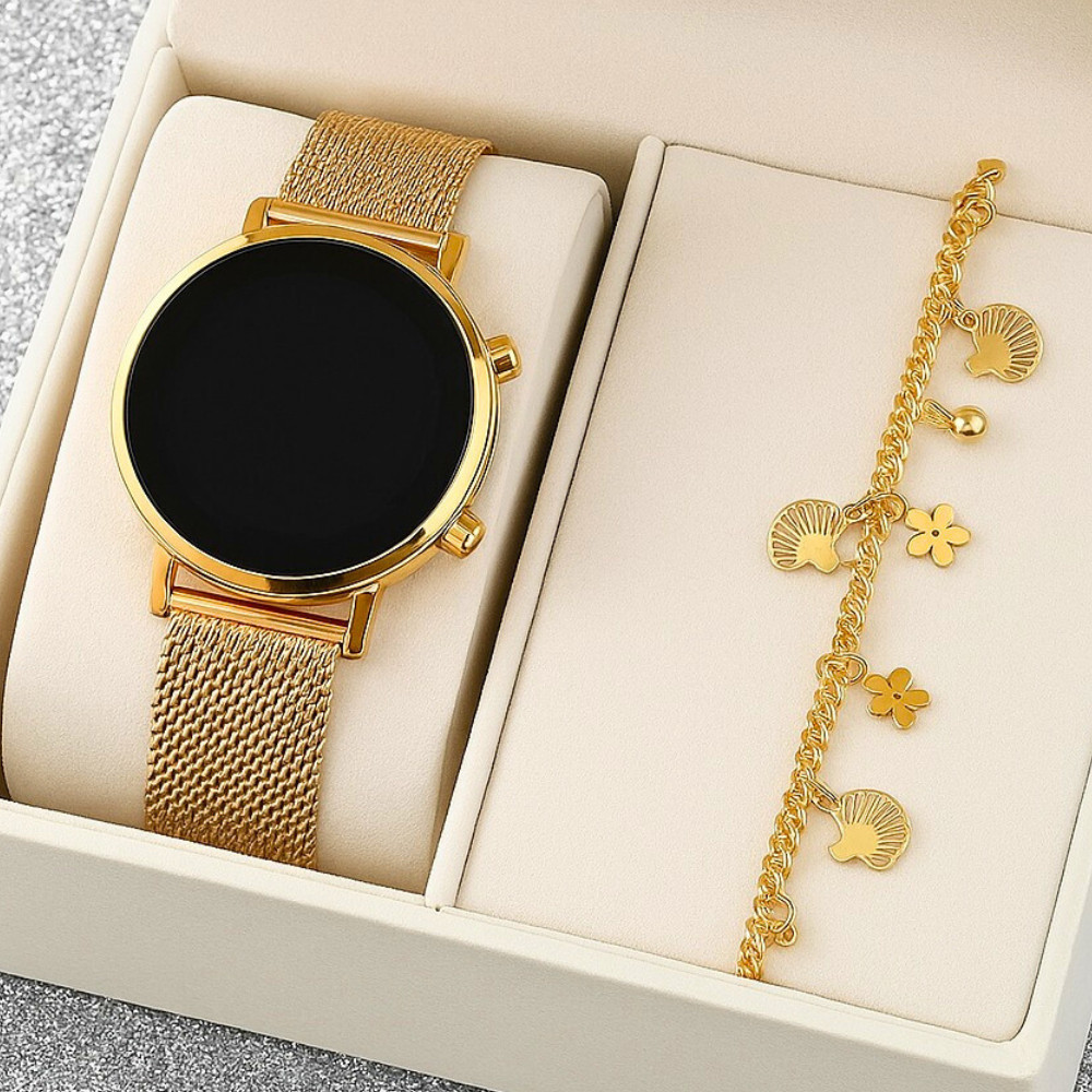 Relogio Digital Feminino Redondo Simples Quartzo Com Pulseira de aço inoxidavel Dourada Da Moda