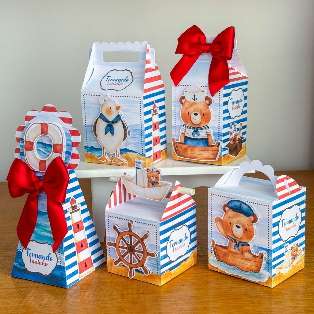 Kit Festa Ursinho Marinheiro Pegue e Monte Lembrancinhas e Caixinhas Personalizadas • Decoração de Aniversário Infantil