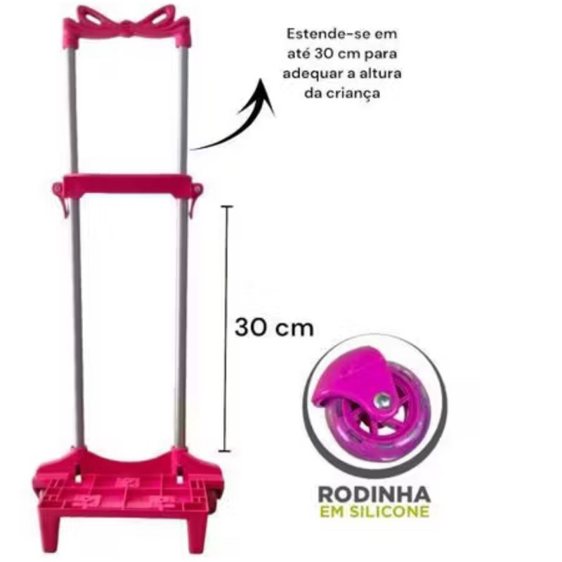 Carrinho para Mochila Escolar com 2 Hastes e Trava Tamanho Infantil com Rodinha de Silicone menina