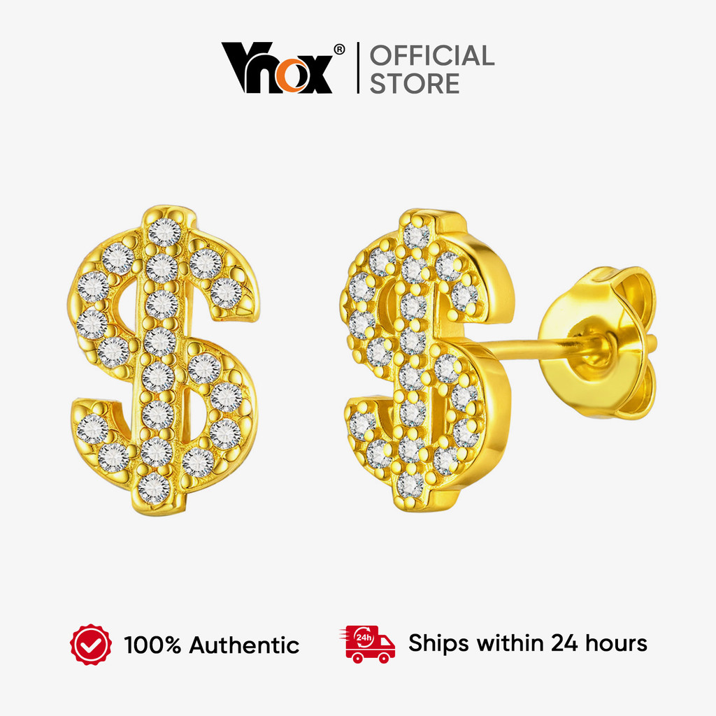 Brincos De Sinal De Dólar Vnox 14K Banhados A Ouro Riqueza Atraindo Zircônia Unissex Casal Bestie Presente