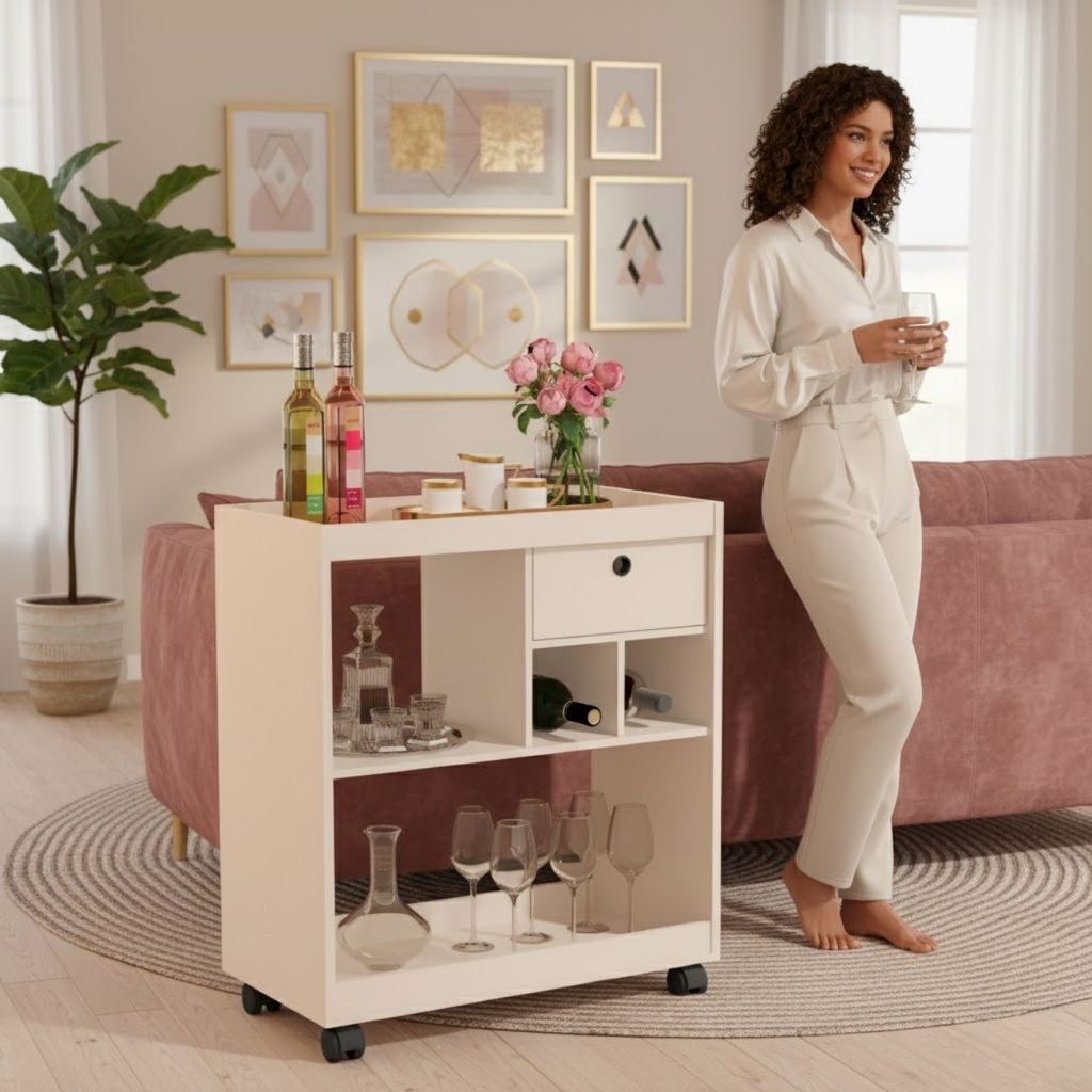 Aparador Buffet Barzinho com Rodinhas e Adega Carrinho para Café e Bebidas Com Gaveta  70cm MDF 12mm