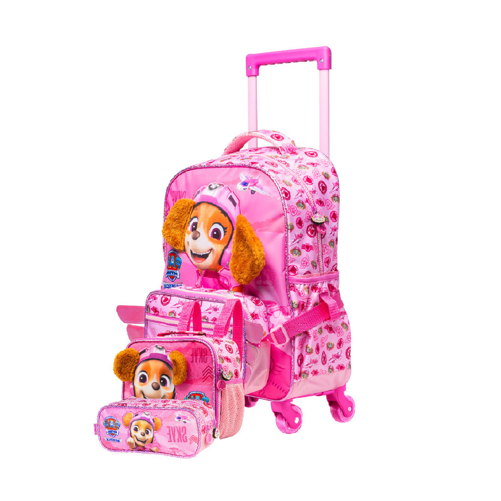 Kit Escolar Infantil Patrulha Canina Mochila Rodinhas giro 360º + Lancheira + Estojo Duplo