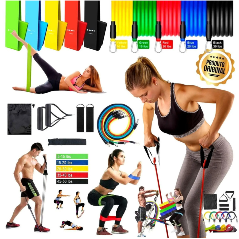 Imagem Kit 11 Elásticos Extensores + 5 Mini Bands Para Treino Completo De Força, Alongamento E Flexibilidade