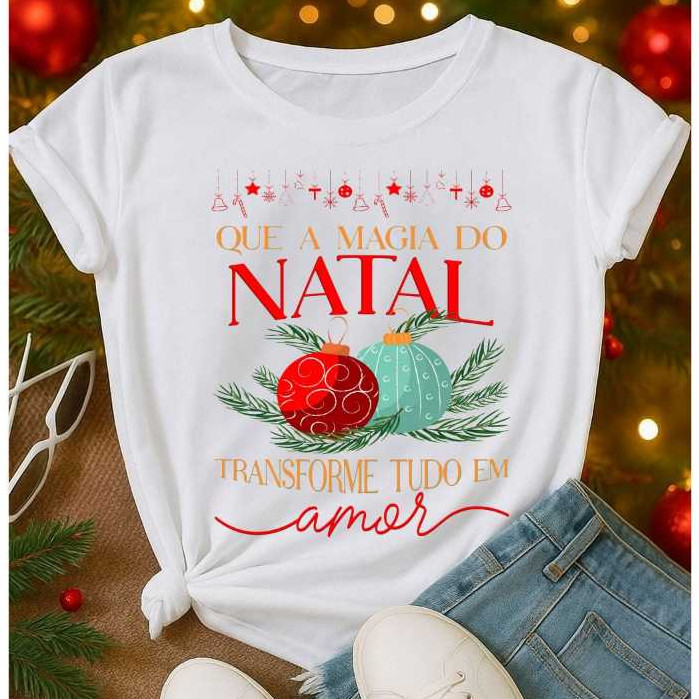 Camiseta Blusa Feliz Natal Feminina Estampa Natalina   Presente de Fim de Ano R.Distribuidora