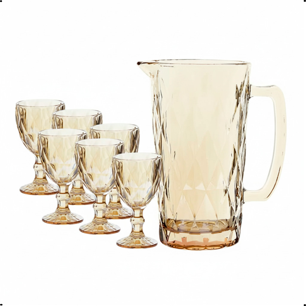 Conjunto 6 Taças e Jarra Vidro Diamond Âmbar Ideal para Água Suco e Bebidas Kit Com 7 Peças
