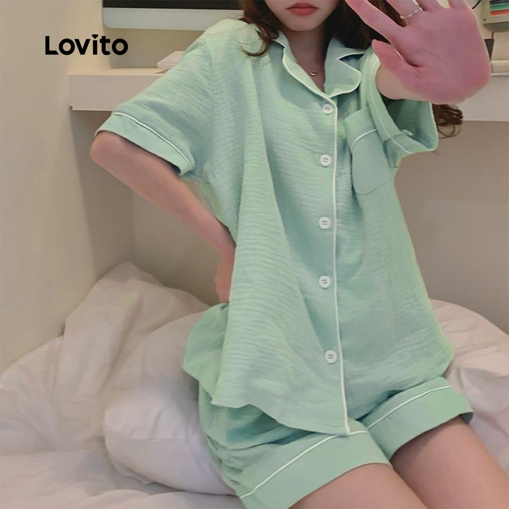 Detalhes do Lovito Conjunto de Pijamas Elegantes Pack de 2 com Padrão Combinado Pijamas Rosa Primavera/Verão LNE117147