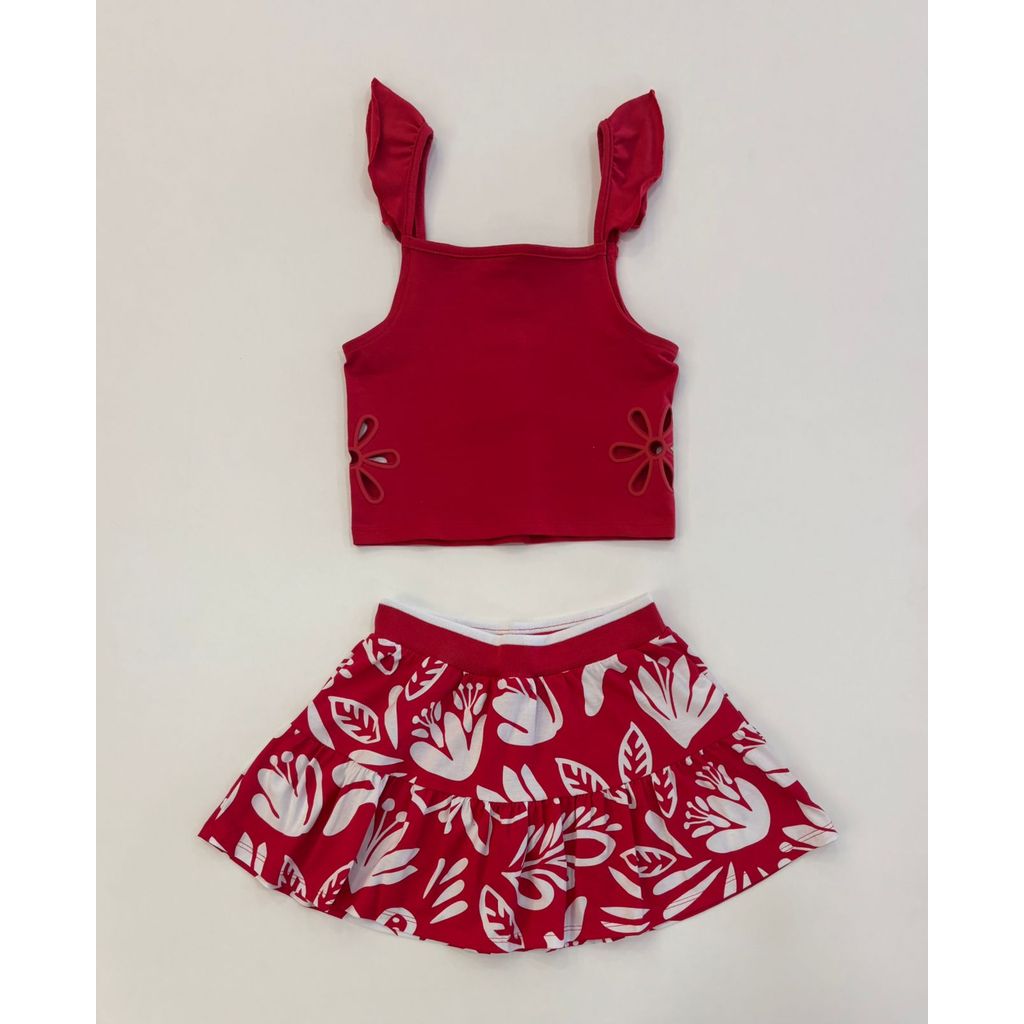 Conjunto Infantil Menina Kyly Blusa Vermelha Flor e Saia Folhagens Natal Moda Kids Verão
