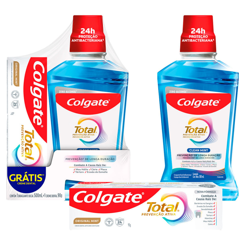 Detalhes do Kit Enxaguante Bucal Colgate Total Prevenção Ativa Clean Mint Zero Álcool 500ml e Ganhe Creme Dental Original Mint 90g