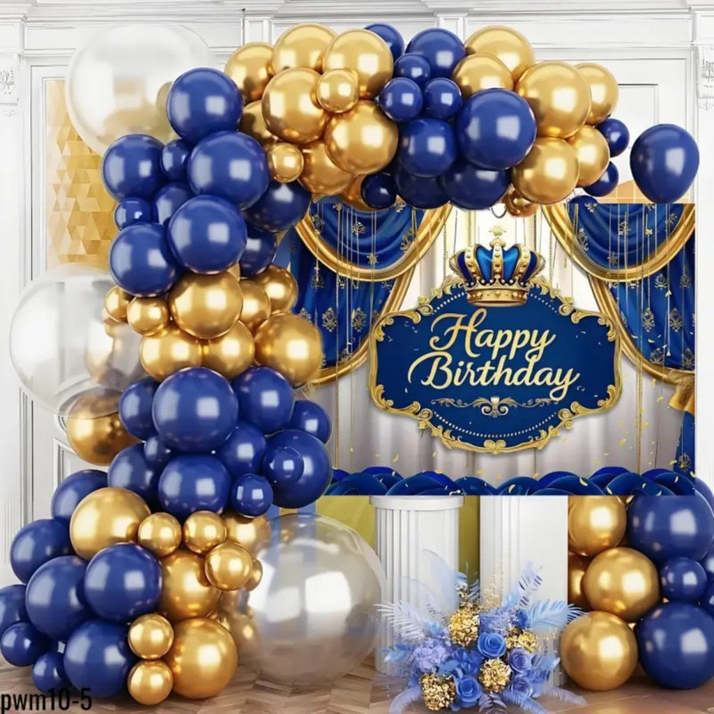 Kit Decorativo 113 Balões Base Azul Royal E Dourado Decoração P/Festa Aniversário Arco Desconstruído
