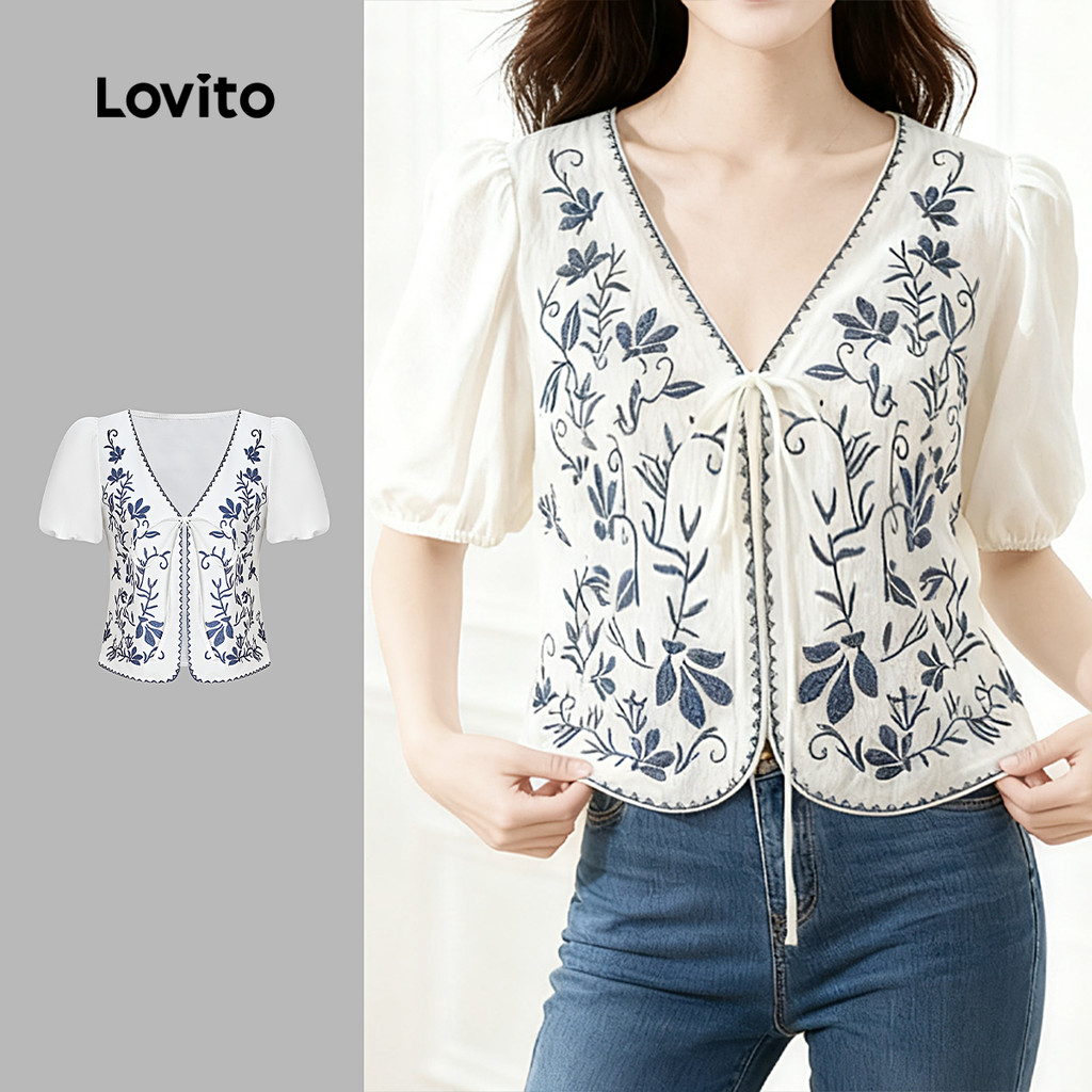 Lovito Blusa Boho Clássica E Versátil Com Cadarço Para Férias Na Primavera/verão para Mulheres L157ED156 em Oferta na Shopee