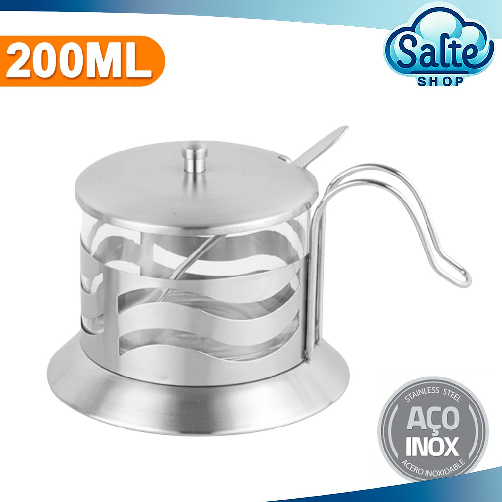 Açucareiro 200ML Em Aço Inox C Colher Cafeteria Restaurantes Cozinha Mesa Enfeite Suporte Condimento
