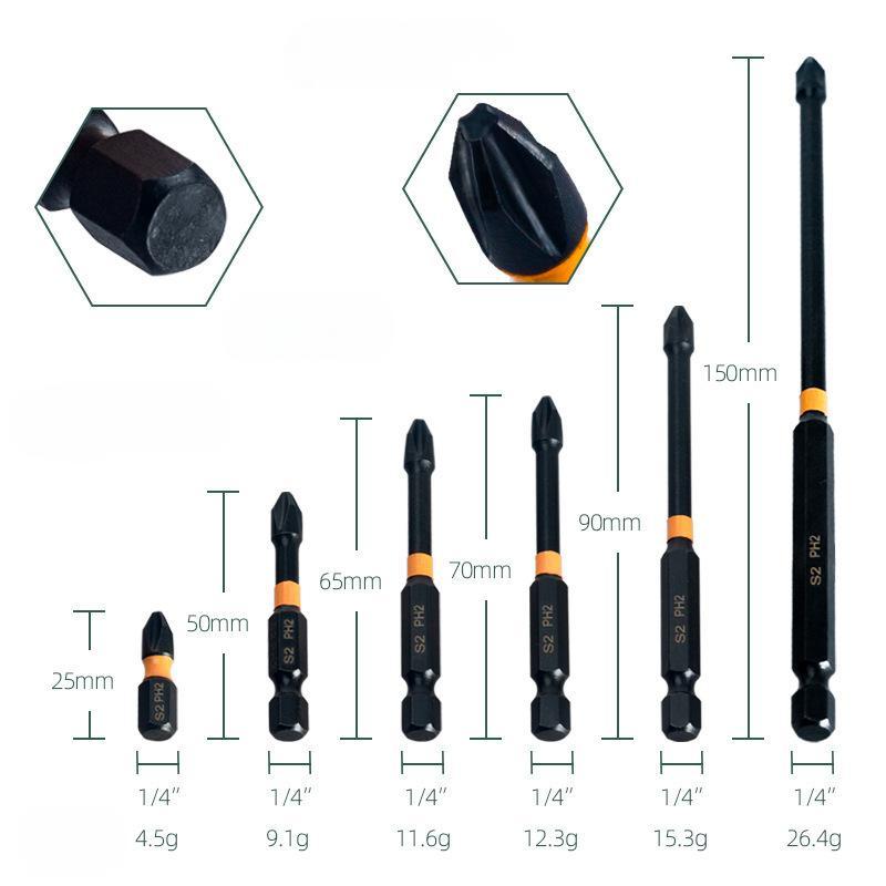 kit 6 chaves de impacto elétricas em liga de aço S2, com pontas de 1/4 de polegada (50/65/70/90/127/150 mm)