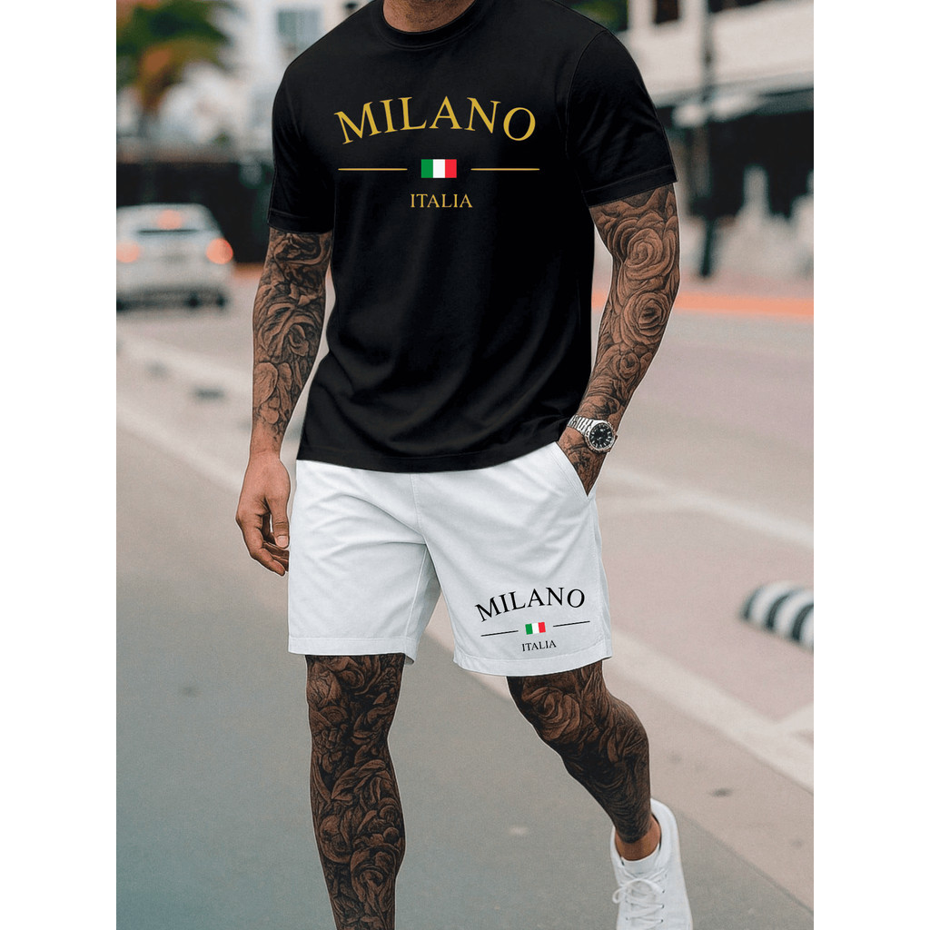 Conjunto Streetwear Milano Italia Camisa 100% Algodão & Short Branco Mauricinho Tactel Masculino