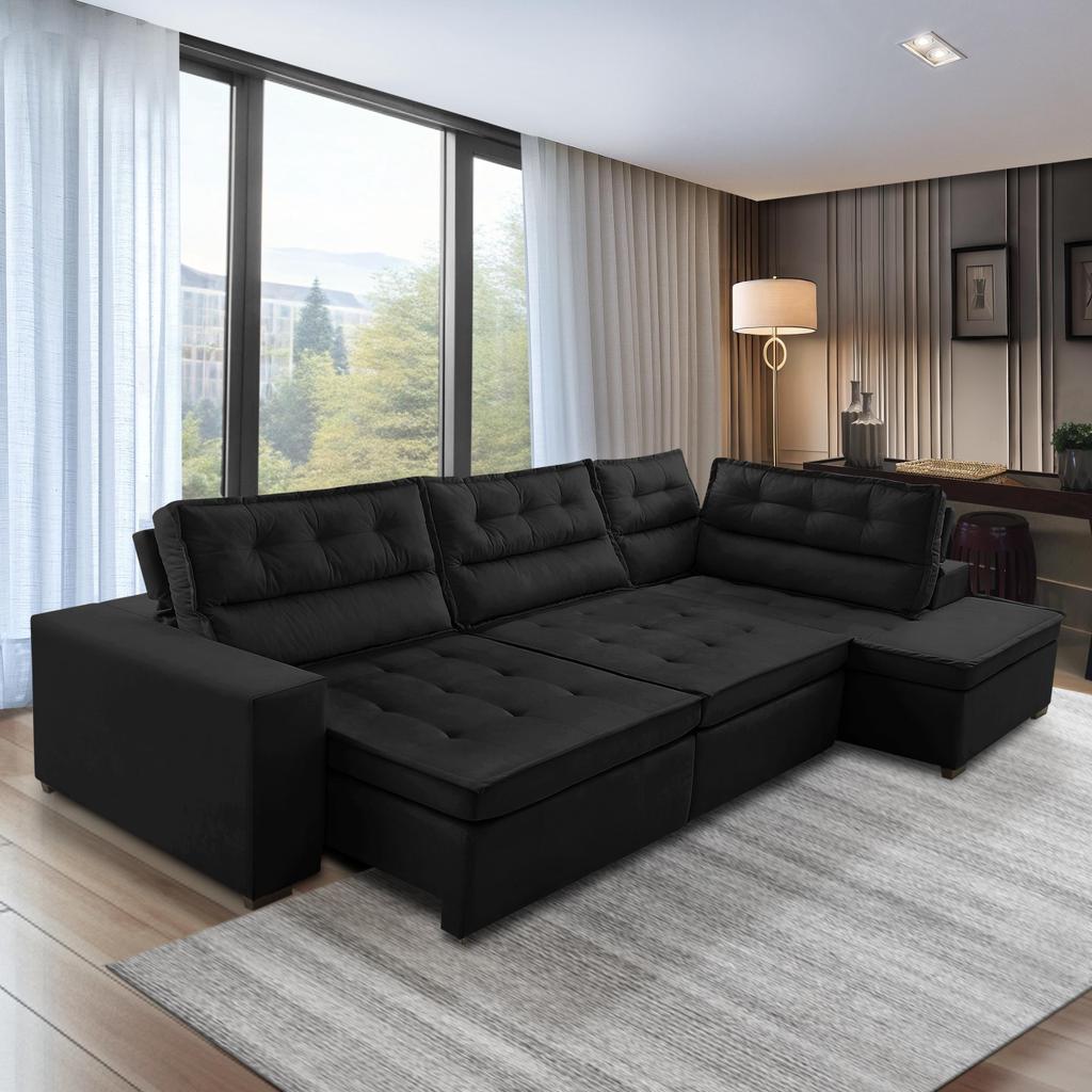 Sofá de Canto Retrátil e Reclinável com Molas 3,00x2,00 Virginia Suede Preto Adonai Estofados em Oferta na Shopee
