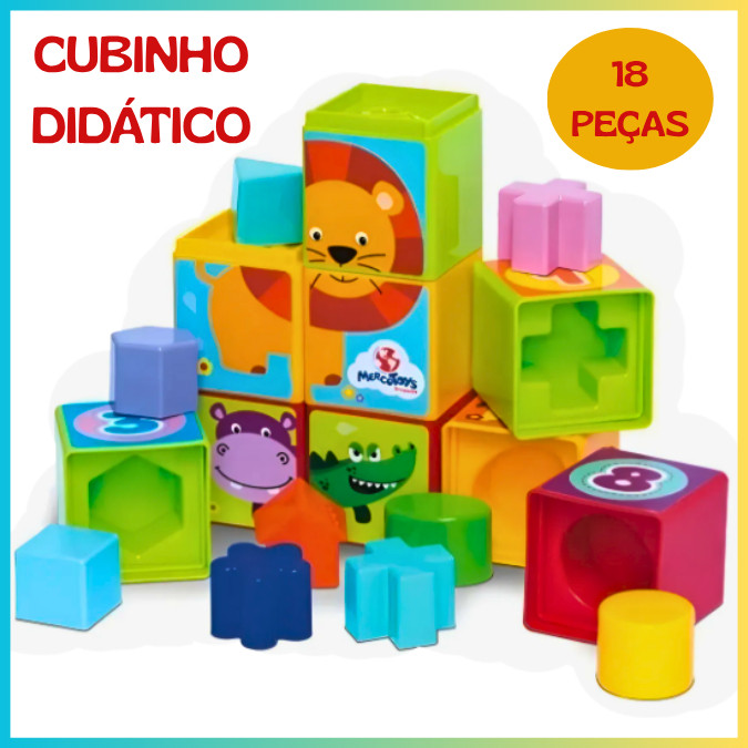 Kit Cubinhos Didáticos de Empilhar Encaixar Brinquedo Educativo Figuras e Formas
