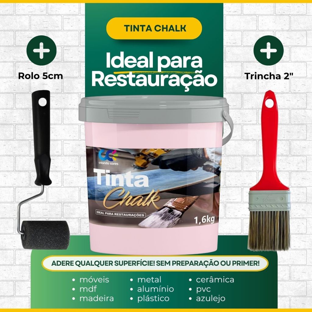 Tinta Chalk Restauração Rosa Cristal Adere Qualquer Superfície + Rolo 5cm + Trincha 2 polegadas