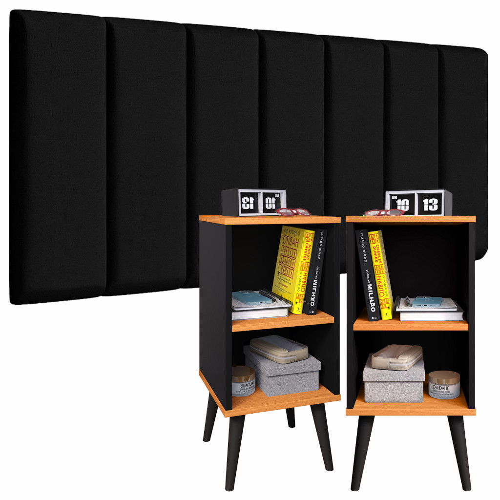 Conjunto Quarto com Cabeceira Modulada com Kit Mesa de Cabeceira Charme Casal e Queen Varias Cores
