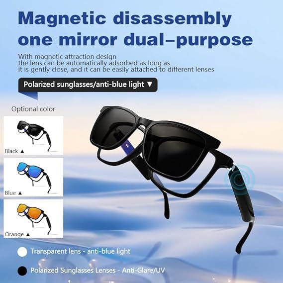 Óculos Bluetooth Inteligentes com Lentes Magnéticas – Polarizadas, Anti-Luz Azul UV400, Áudio de Ouvido Aberto para H/M