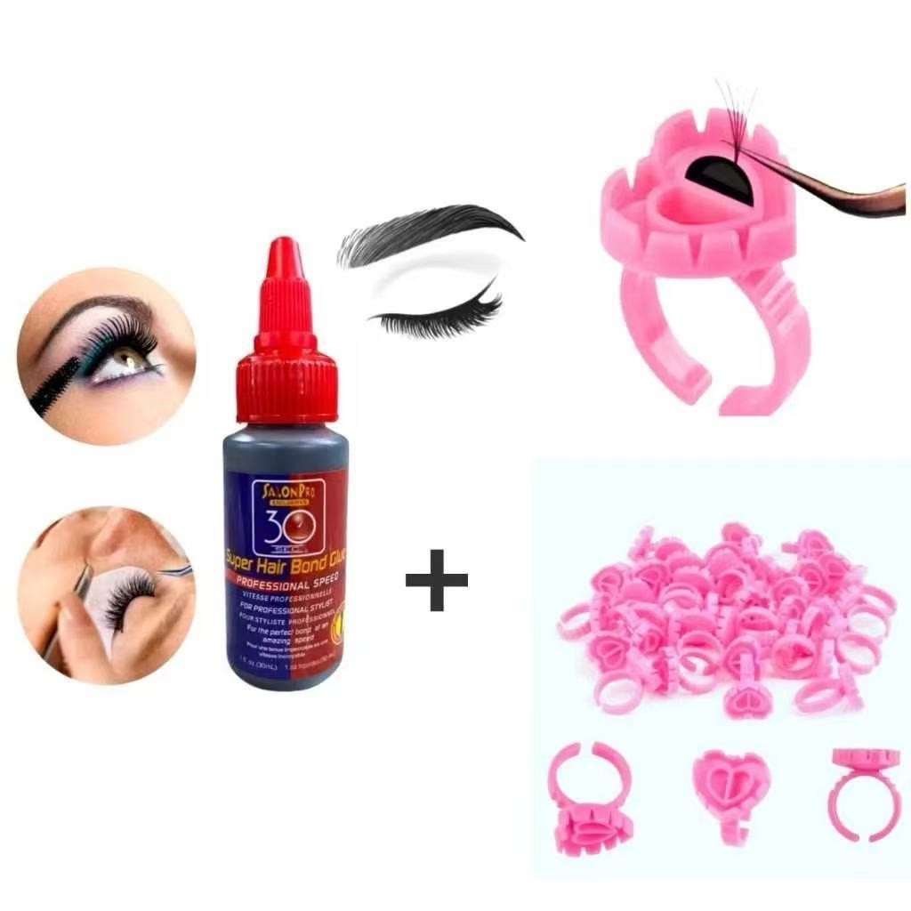 KIT de 100 Anéis Batoque Coração Para Cílios Postiços +Cola para Extensão de Cílios 30 Sec Salon Pro 30ml (S027)