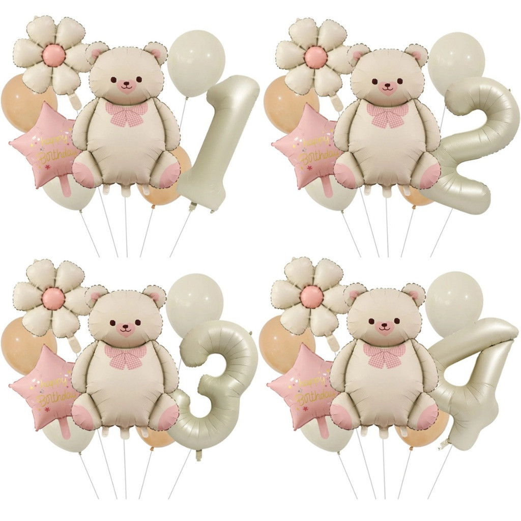 Balão Urso Baby Matte + Número Grande Kit com 8un~9un Bexiga Balões Metalizados Ursinho Teddy Fosco Chá Bebe Mesversário