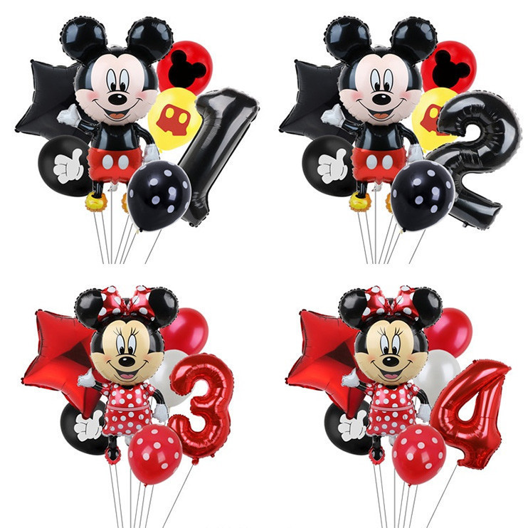 Minnie Mickey N° 01 ao 9 - Balões Festa 7 Balão Metalizado Mickey Mouse Minnie Gigante Número Preto Vermelho Disney