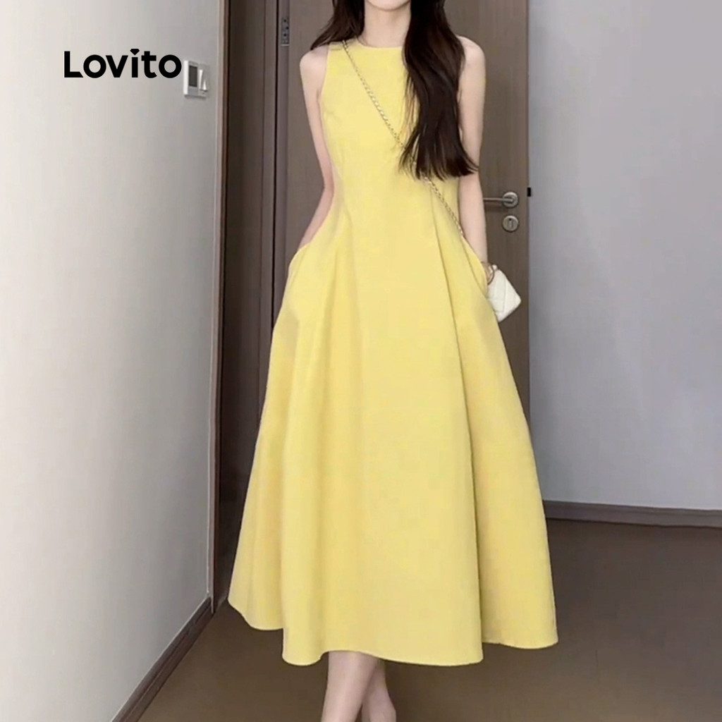 Detalhes do Lovito Vestido Casual com Bolso de Primavera/verão Amarelo para Mulheres L158AD1685