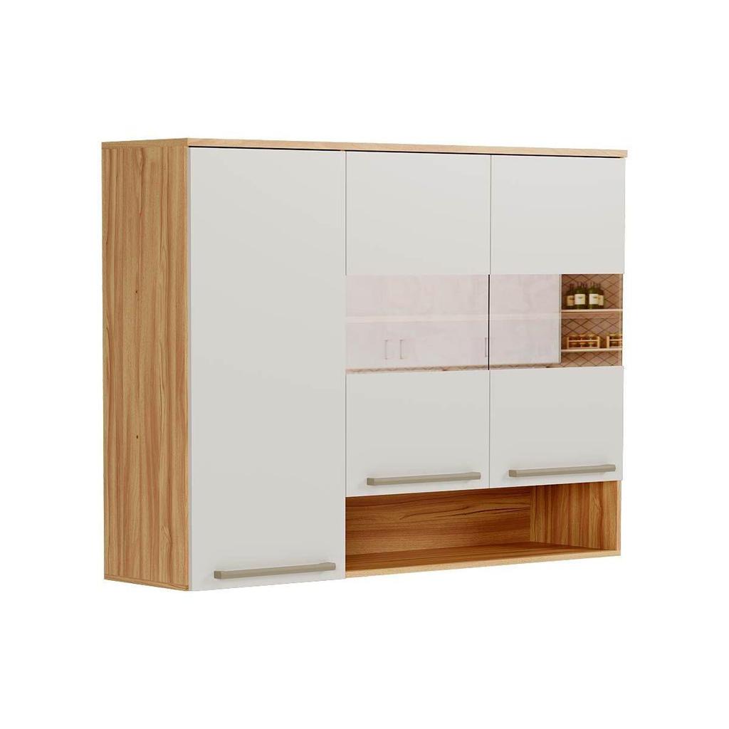 Armário Aéreo Cozinha Modulado Nápoli Prime c/ 3 Portas ( 2 c/ Vidro Reflecta) 120cm Amendoa/Off White - Ronipa em Oferta na Shopee