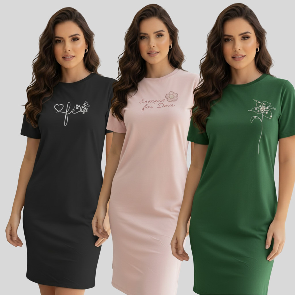 Kit 3 Vestidos Camisetão Feminino Evangélico Estampado Algodão 100% Premium em Oferta na Shopee
