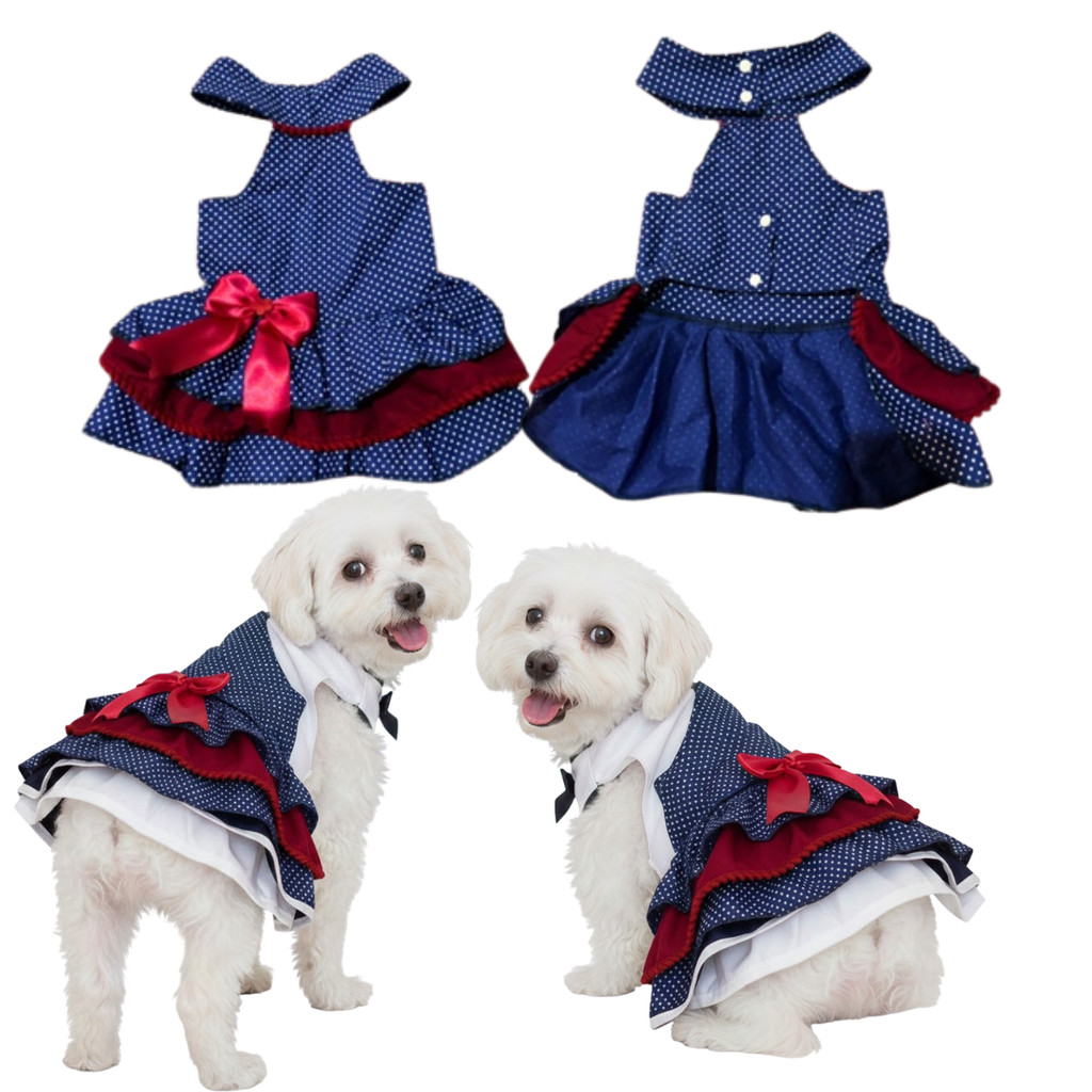 Vestido Pet Poá Azul Vermelho Com Laço Roupa Cachorra Fêmea Luxo Passeio Festa