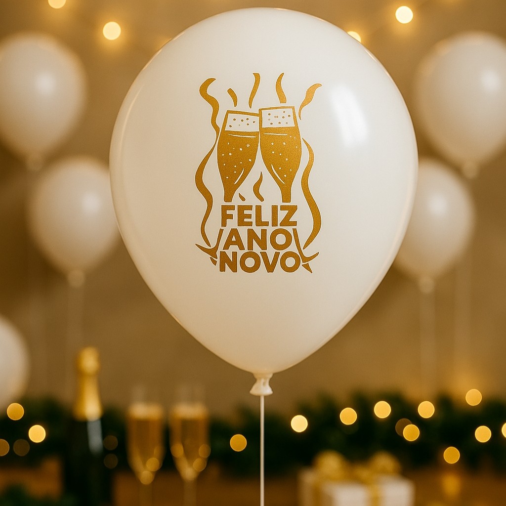 50 BALAO ANO NOVO 11'' BRANCO C/ DOURADO HAPPY DAY  (IBB) em Oferta na Shopee