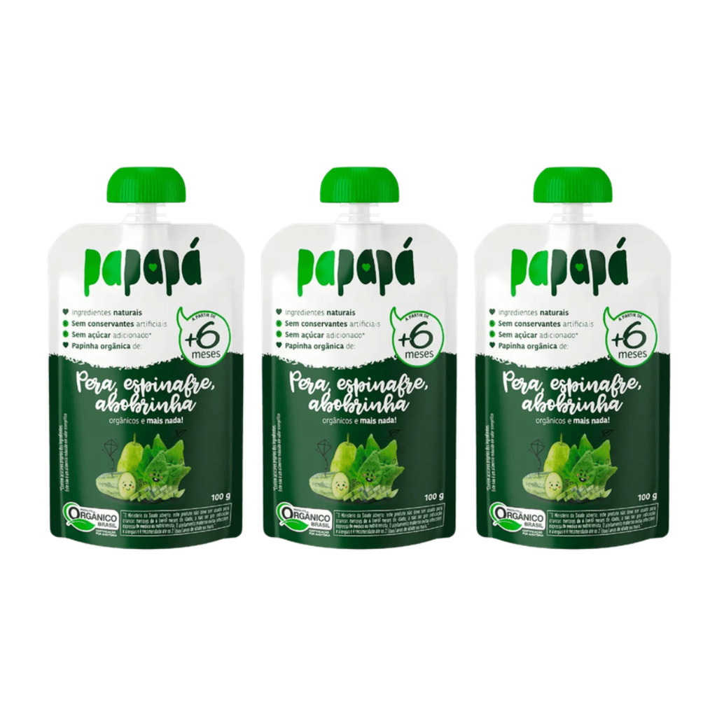 Kit 3 Papinha Papapá Orgânica Pera Espinafre Abobrinha 300g