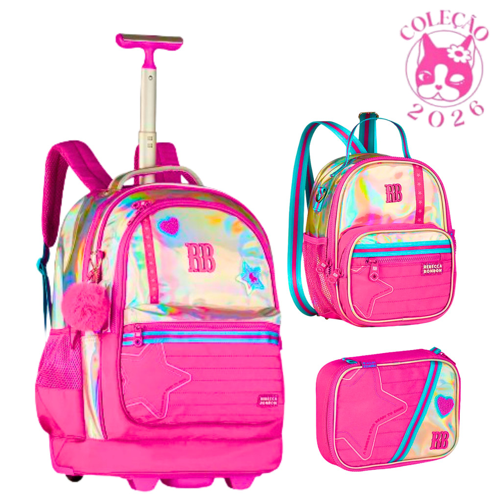 Kit Mochila de Rodinhas com Lancheira e Estojo Rebecca Bonbon Holo Shine em Oferta na Shopee