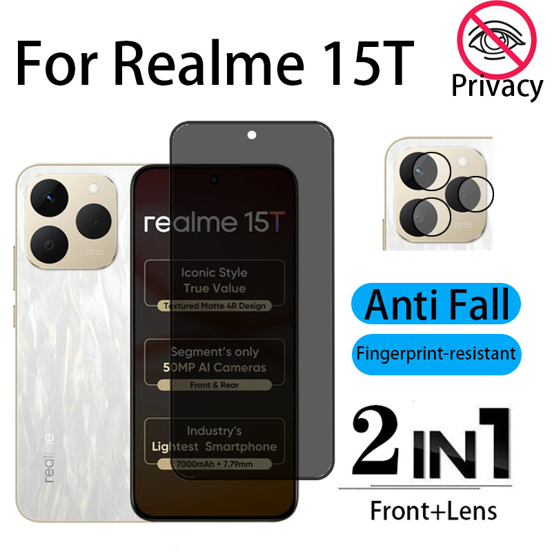 2 Em 1 Película Realme 15T Protetor De Tela Anti-Espionagem Vidro Espião 9D Para Realme 14T Note 60x C75x C71 C53
