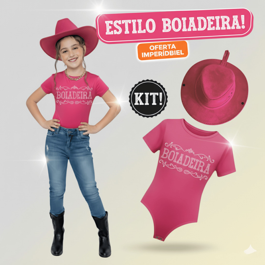 Kit Body Country Menina Estampa Boiadeira Premium + Chapéu Pink/Preto Para Festas e Aniversários