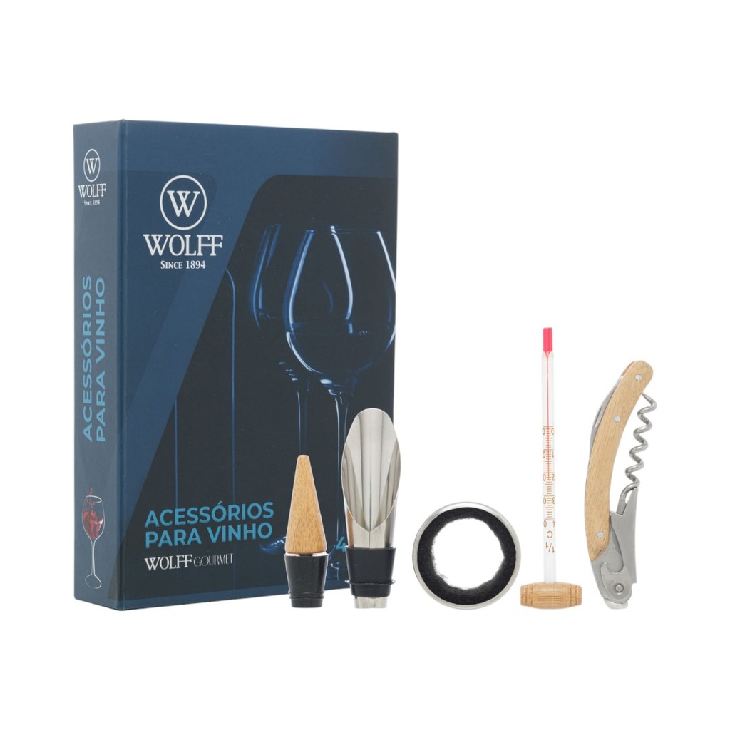 CONJUNTO 4 PEÇAS DE AÇO INOX AMADEIRADO PARA VINHO COM CAIXA WOLFF