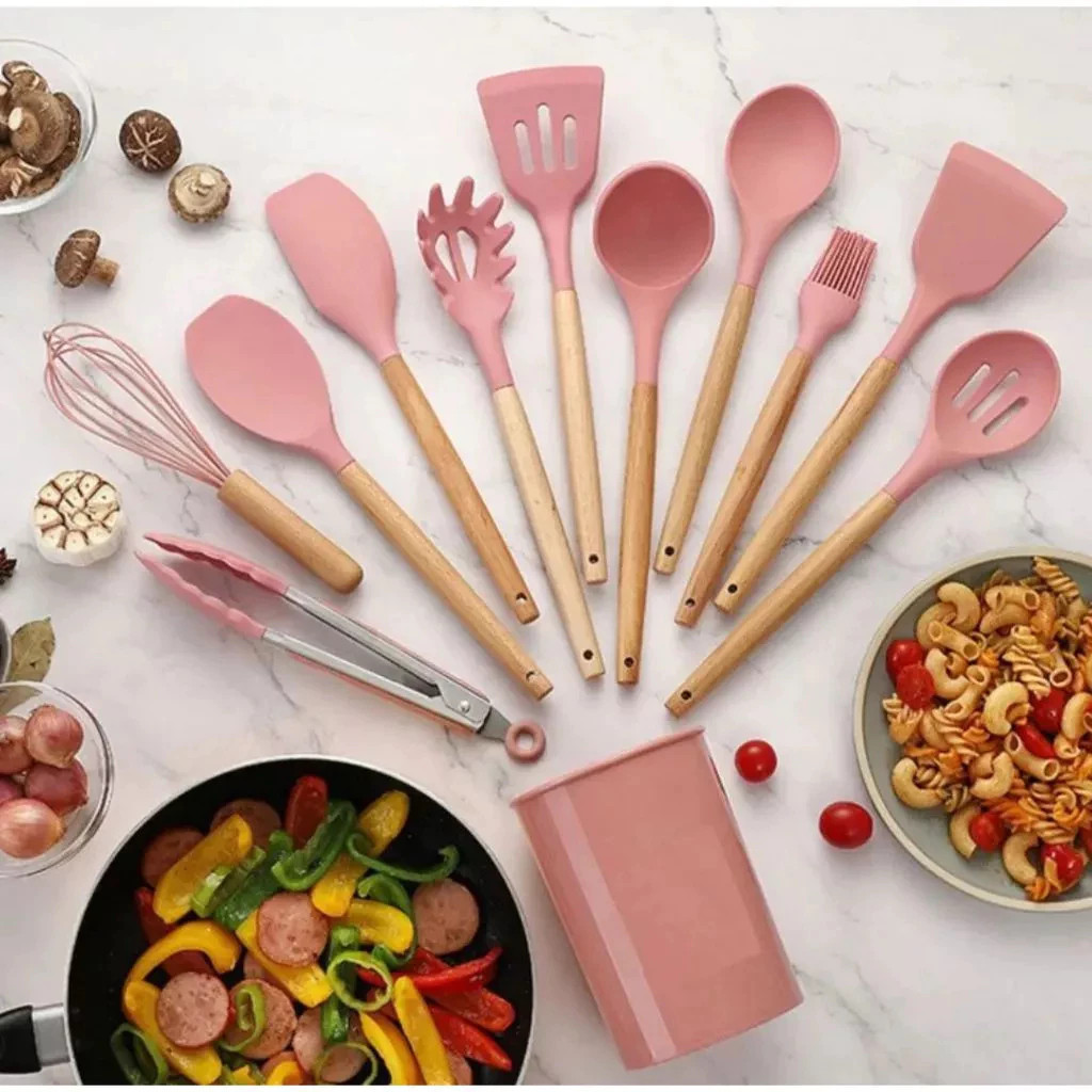 Conjunto Utensílios Cozinha 8 Peças Silicone Faca Colher Concha Espátula Pegador Pincel Fue Talheres