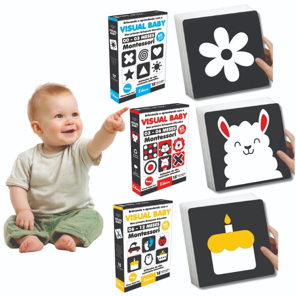 Placas preto branco bebés Educação Inicial Flashcards Alto contraste visual estimulação Montessori