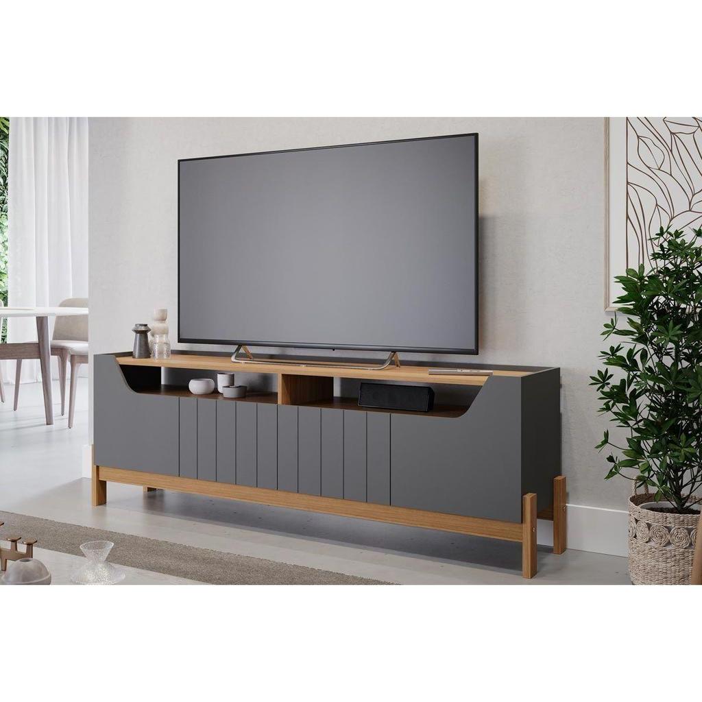 Rack Bancada p/TV até 70 Pol Moema 100% MDF c/ Nichos e Pés 185cm Grafite/Nature - Permóbili em Oferta na Shopee