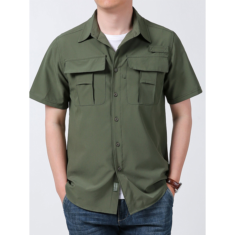 Camisa de manga curta de secagem rápida masculina Multi-bolso camisa de carga esportes ao ar livre lazer respirável solt